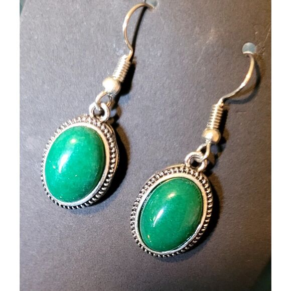 Natural Malachite Approximately 1" Oval Stone French Wire Silver Alloy Earrings - Picture 6 of 6